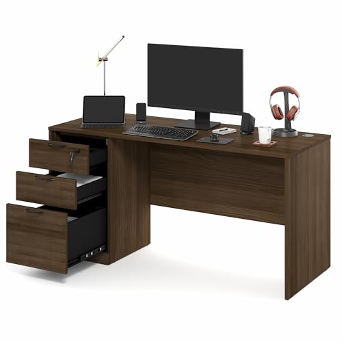 Image of Furinno Roger 60 Inch Executive Desk with File Cabinet, Home Office Desk with 3-Drawer Fixed Pedestal Filing Cabinet, Desk Cord Grommet, for Home Office, Modern Walnut