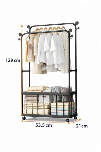 Image of Raawan Heavy Duty Double Rod Clothes Rack with Side Storage Shelves | Metal Garment Stand Organizer | Space Saving Cloth Hanger Stand for Bedroom, Living Room & PG (2 LAYER + BOX BLACK)
