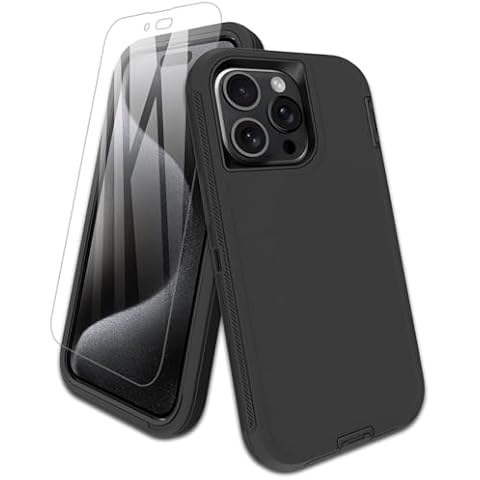 Aliruke for iPhone 15 Pro Max Case, with Screen Protector, Dust-Proof Port Cover, Full-Body Non-Slip Silicone Rubber Covered, Military Grade Drop-Proof Shockproof Phone Case, Black/Black Cover