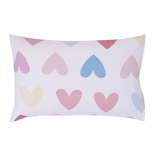 Image of Everything Kids Hearts Pink, Blue and White Little Girl Big Heart 4 Piece Toddler Bed Set - Comforter, Fitted Bottom Sheet, Flat Top Sheet, and Reversible Pillowcase