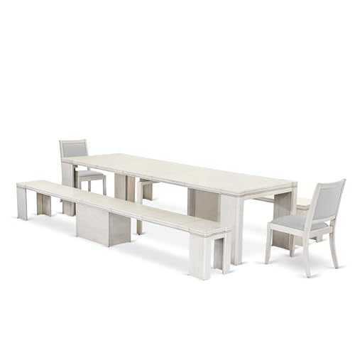 Image of X02X2-20W-27 5-Pc Dining Room Table Set includes an Extendable Rectangle Kitchen Table, 2 Stackable Polyester Chairs and 2 Modern Benches, 39x120 Inch, Antique White