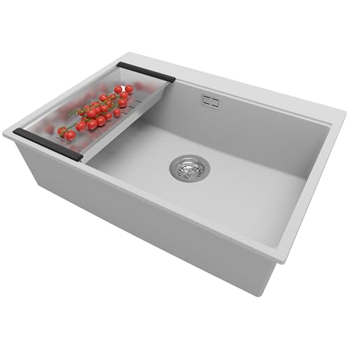 PRIMAGRAN Evier Cuisine en Granit Gris 68x50cm, Lavabo 1 bac + Kit de Vidage, Évier à Encastrer al mueble 70cm - Oslo S240