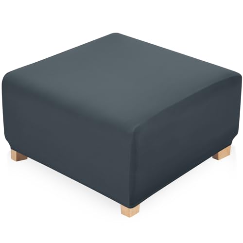Image of YISUN Super Stretch Square Ottoman Cover - Soft Form Fit Ottoman Slipcover for Foot Stool & Folding Storage, Washable Furniture Protector with Non-Slip Elastic Bottom (L, Dark Grey)