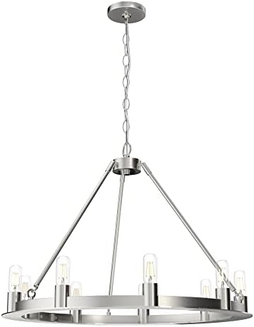 Hunter - Saddlewood 9-light Brushed Nickel, Large Chandelier, Dimmable, Casual Style, Wagon Wheel Shaped, for Bedrooms, Kitchens, Dining, Living Rooms - 19031