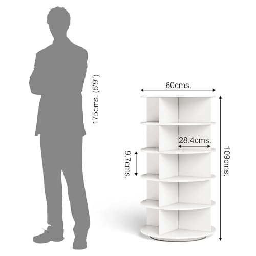 Image of 360 Rotating Multipurpose Storage Cabinet - Laminated Engineered Wood Organizer Rack | Space-Saving Rotating Shelf for Bedroom, Living Room, Dressing Area & Bathroom (White, 5-Tier)