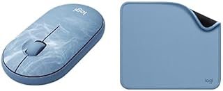 Logitech Pebble Wireless Mouse with Bluetooth or 2.4 GHZ Receiver, Silent, Slim Computer Mouse for Laptop/Notebook/iPad/PC/Mac/Chromebook - Blue Marble + Mouse Pad - Studio Series, Blue Grey