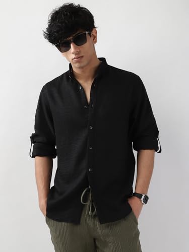 Image of Urbano Fashion Men's Linen Blend Full Sleeve Relaxed Fit Mandarin Collar Casual Solid Shirt