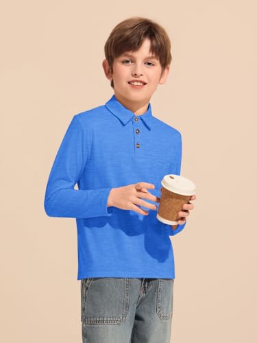 Image of Haloumoning Boys Long Sleeve Polo Shirts Kids Casual Button School Uniform Shirts with Chest Pocket 5-14 Years
