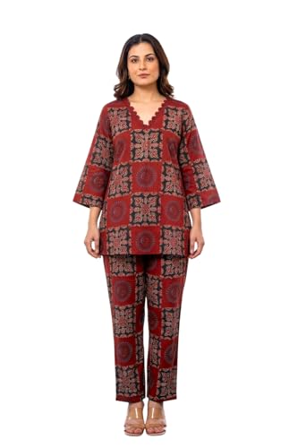 Image of Cotton Block Print Co-ord Set, Maroon and Black, V-Neck Top with Matching Pants