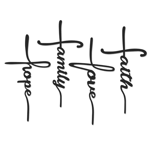 Bnesi Metal Wall Art Sign 4-Piece Set: Love, Faith, Family, Hope - 15 x 8 in Waterproof Religious and Spiritual Hanging Cross Wall Decor for Home Decoration