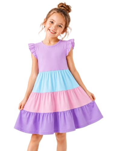 Image of HILEELANG Girls Cotton Tiered Dress Flutter Ruffle Sleeve Summer Swing Sundress Birthday Party Casual Outfit Colorblock 2-12Y