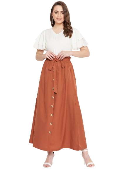 Image of Women Off-White & Brown Solid Top with Skirt