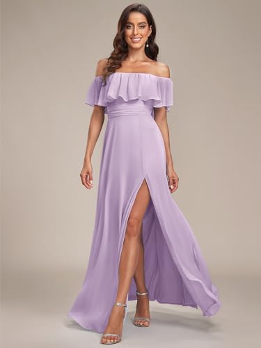 Image of Ever-Pretty Women's Summer Off The Shoulder Flowy Chiffon Formal Wedding Guest Dresses Maxi Side Split Beach Bridesmaid Dress