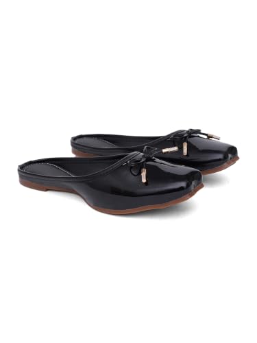 Image of TRYME Elegant Women's Glossy Patent Slip-On Mules with Bow Detail | Comfortable Flat Sandals for Office, Casual & Daily Wear