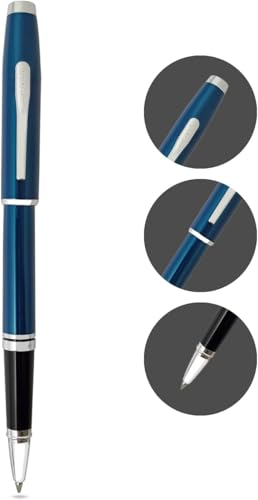Image of Cross Coventry Blue Lacquer Rollerball Pen with Polished Chrome Trim - Refillable, Luxury Gift Box