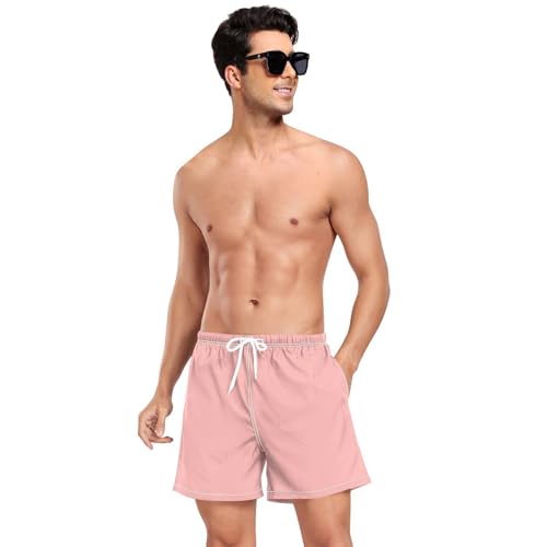 Solid Color Pure Plain Light PinkMens Swimming Trunks Men 2 Layer Workout Shorts with Compression Liner and Pockets Board Shorts Quick Dry