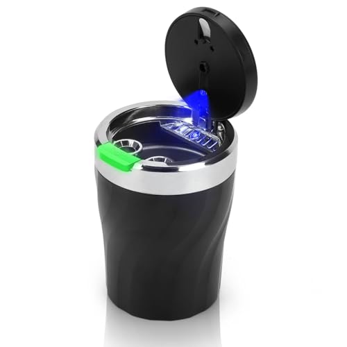 LYCXAMES Cendrier Voiture, Cendrier portable sans fumée en acier inoxydable avec couvercle et lumière LED pour voitures Vans Camping en plein air, Noir