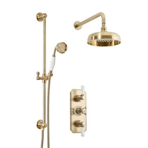 Milano Elizabeth Thermostatic Mixer Valve 205mm Round Shower Head Riser Rail - Brushed Brass