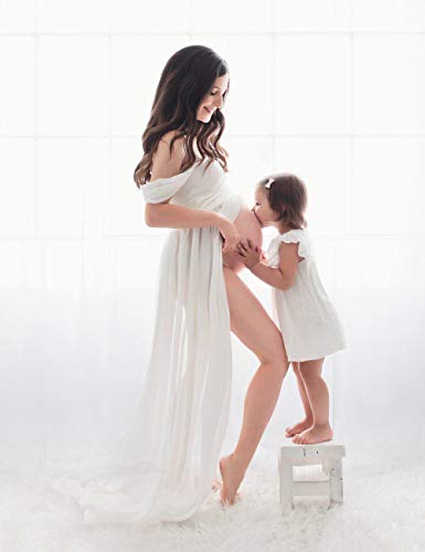 Justvh Maternity Dresses For Photoshoot Off Shoulder Chiffon Lace Gown Split Front Maxi Photography Dresses A- White #TOP5