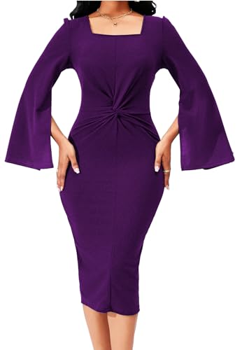 Image of Dresses for Women Elegant Long Sleeves Ruffles Pencil Knee Length Split Business Dress with Belt Zipper