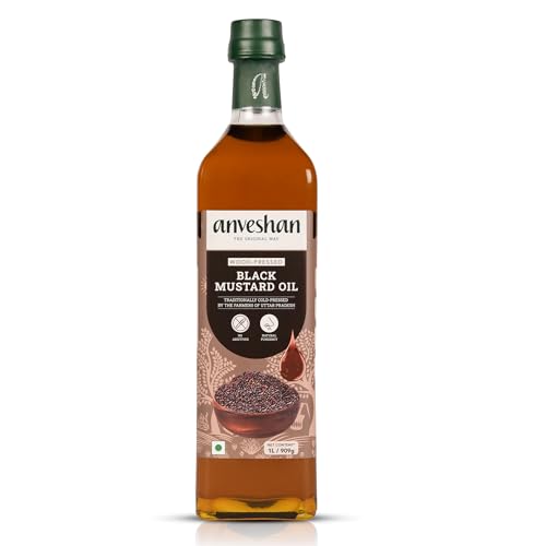 Anveshan Wood Cold Pressed Mustard Oil - 1L | Glass Bottle | Kolhu/Kacchi Ghani/Chekku | Mustard Oil for Cooking | Perfect blend of Health, Taste & Aroma
