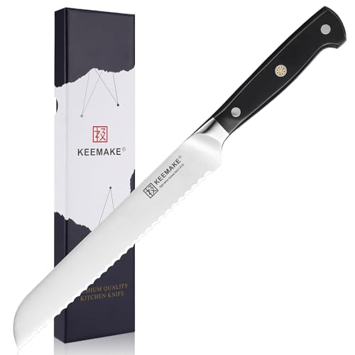 KEEMAKE Serrated Bread Knife for Homemade Bread 8 Inch, Sharp High Carbon German Stainless Steel Blade, Bread Cutter with Full Tang Black Handle for Slicing Bread, Bagels,Cake