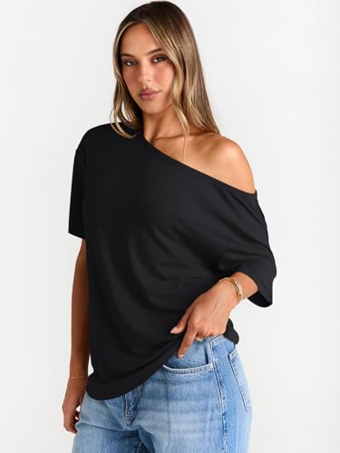 Trendy Queen Womens Off The Shoulder Tops Oversized T-Shirts Short Sleeve Tees Summer 2025 Casual Spring Fashion Clothes3
