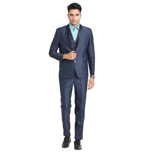 Image of Turtle Men Polyviscose Lycra Tailored Fit Blue Three Piece Party Suits