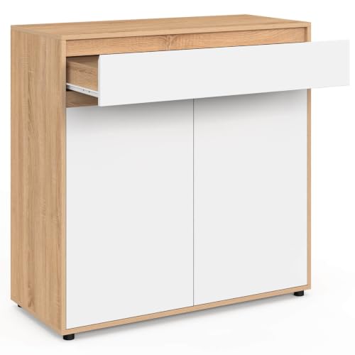 Meuble de rangement salle de bain TOMI 2 portes avec 2 paniers à linge amovibles 1 tiroir façon hêtre et - vue 6