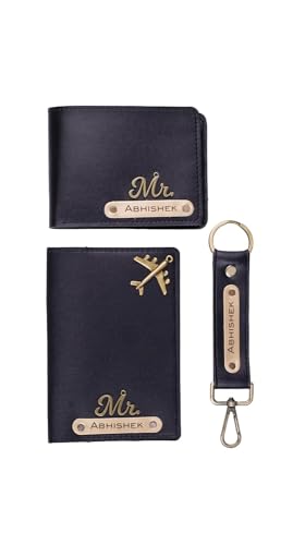 Image of Personalized Wallet, Keychain and Passport Combo | Personalized Wallet Keychain Passport Set with Name Printed Keychains pssports for Men | Customised Gift Set for Men with Name & Charm, Black