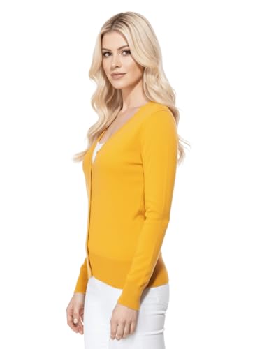 Image of YEMAK Women's Knit Cardigan Sweater - Long Sleeve V-Neck Basic Classic Casual Button Down Knitted Soft Lightweight Top MK5178-Honey-L