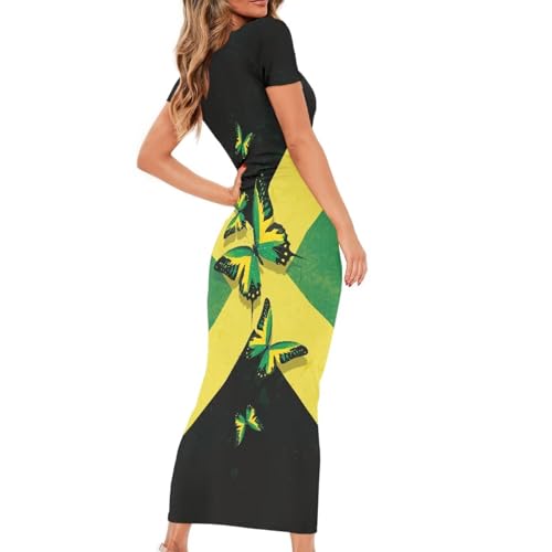 Image of Womens Short Sleeve Jamaican Flag Midi Bodycon Dress