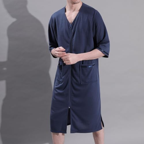 Men's Summer House Coat V Neck Soft Zipper Robe Comfy Knee Length Lounge Sleeping2