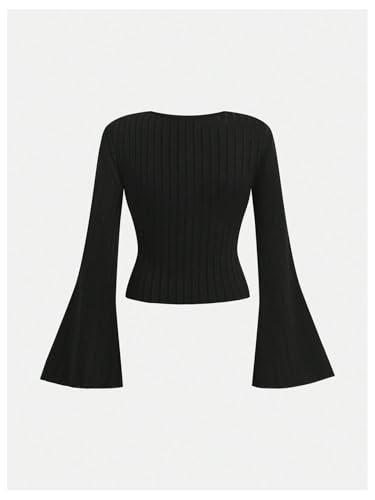 SweatyRocks Girl's Bow Square Neck T Shirt Ruched Bell Long Sleeve Ribbed Y2K Tops2