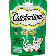 Snack para gatos Catisfactions, snack para gatos adultos y cachorros sabor hierba gata. 6 paquetes de 60 gramos cada uno.