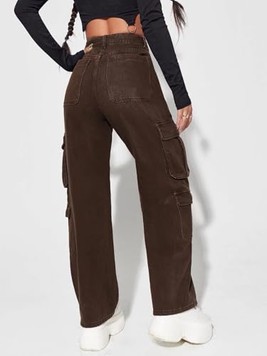 Image of GRECIILOOKS Cargo Jeans for Women - Wide Leg High Waist Baggy Denim Pants | Casual Fit Trousers with Utility Pocket Design