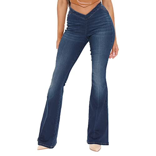 Ghemdilmn Flare-Jeans für Damen,Vintage Schlaghose Jeanshose - Stretch-Denim Damen-Jeans mit V-förmiger Taille, dunkle Stretch-Jeans, Flare-Hose Weste Damen Cover