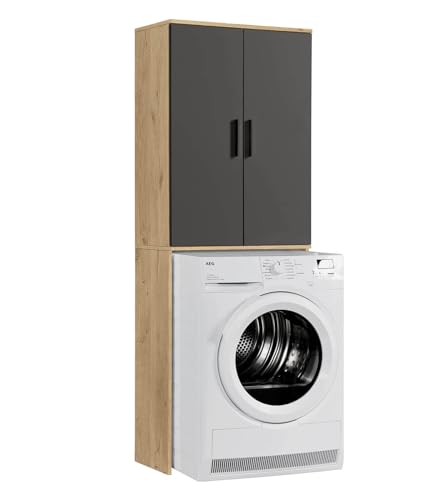 mokebo® Wasmachinekast voor wasmachines en drogers 'Der Saubermann', bovenbouwkast met deuren in eiken-zwart van hout, ook als toiletrek in 65 x 180 x 34 cm (B x H x D)