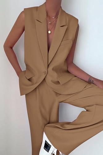 Image of PRETTYGARDEN Women's 2 Piece Outfits Sleeveless Suit Vest and Wide Leg Pants Business Casual Blazer Sets