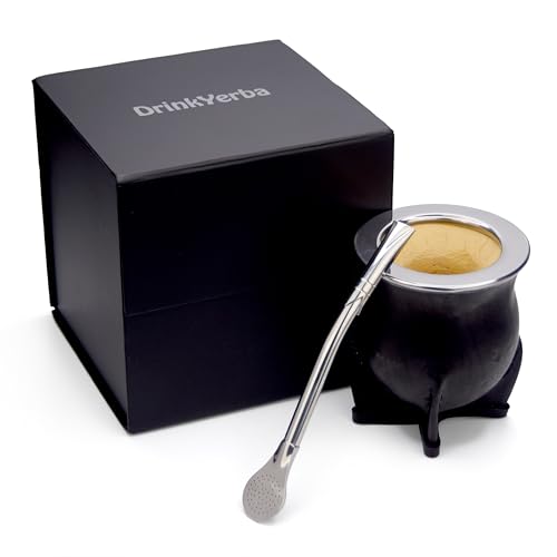 Mate de Calabaza Yerba Mate Set Traditional Gourd Cup Mate de Argentina Handcrafted Tea Leather Kitchen Calabash Cuia Bombilla (Camionero Uruguayo)