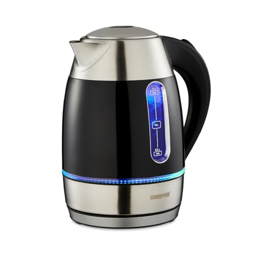 GEEPAS Illuminating Electric Kettle | 1.7L Cordless Stainless Steel Jug Kettle | Rapid Boil for Hot Water Tea Coffee | Boil Dry Protection Auto Shut Off | Swivel Base with Auto Lid Open | 2200W