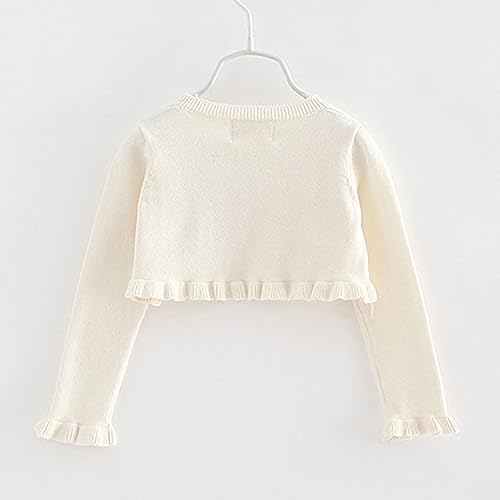 Kids Girls Ruffled Knitted Sweater Cardigan Solid Color Single Button Long Sleeve Sweatshirt Casual (White, 4-5 Years)4