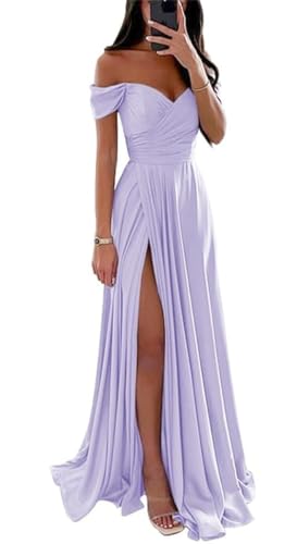 Vestidos de dama de honor de satén para boda con hombros descubiertos y cuello en V vestidos de fiesta formales, Lavanda, 48
