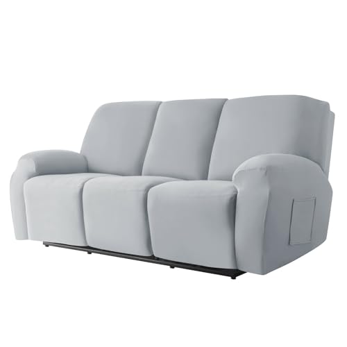 ZRCYXDW リクライニングチェアカバー 8ピース, 柔らかい リクライニングソファーカバー ストレッチ リクライニングカバー 洗える 家具プロテクター と サイドポケット付き-ライトグレー-3 人掛け