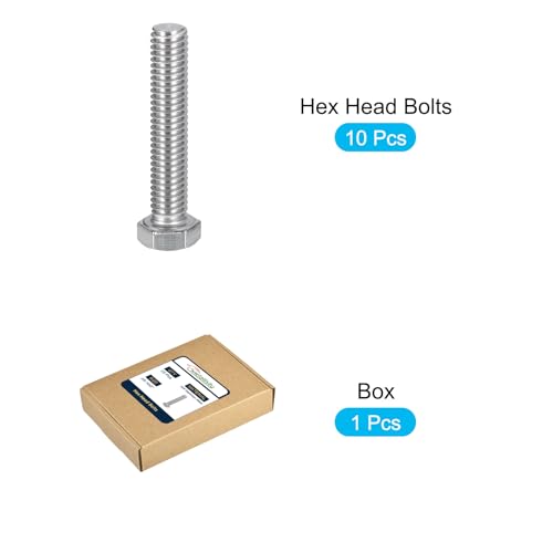 Image of METALLIXITY Hex Head Bolts (3 /8-16 x 2) 10Pcs, 304 Stainless Steel 18-8, Fully Threaded, External Hex Drive, Plain Finish, Hex Head Screw Bolt, Silver