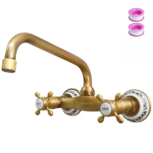 KOPYFANTAP Grifo de Cocina Pared Latón Antiguo, Vintage Mezclador de Fregadero de Bronce de Doble Maneta, Giratorio 360° Retro Griferia de Lavabo Baño de Pared, Caño 25cm