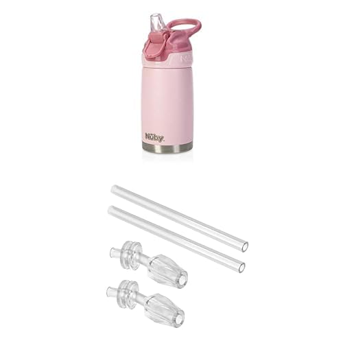 Nuby Thirsty Kids No Spill Flip-It Reflex Stainless Steel Travel Cup or Water Bottle - 10 Oz - 18+ Months - Blue Thirsty Kids Reflex Flip-it 2 Pack Replacement Spout and Extension Straw Sets