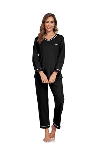Image of COLORFULLEAF 100% Cotton Pajama Set for Women Long Sleeve Sleepwear with Pants Soft Comfy Two-Piece Pjs with Pockets