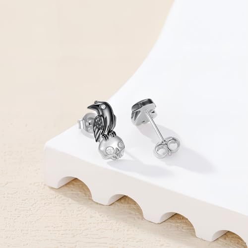 Diamond Skull and Raven Stud Earrings for Women 925 Sterling Silver Crow Jewelry Gifts2