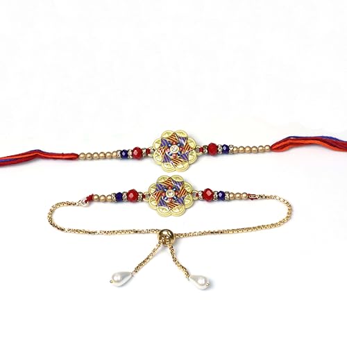 Image of Oblivion Rakhi Set for Brother and Bhabhi - Peacock with Feather Gift for Bhai & Lumba for Bhabhi with Silver Colour Coin and Greeting Card - Raksha Bandhan Combo